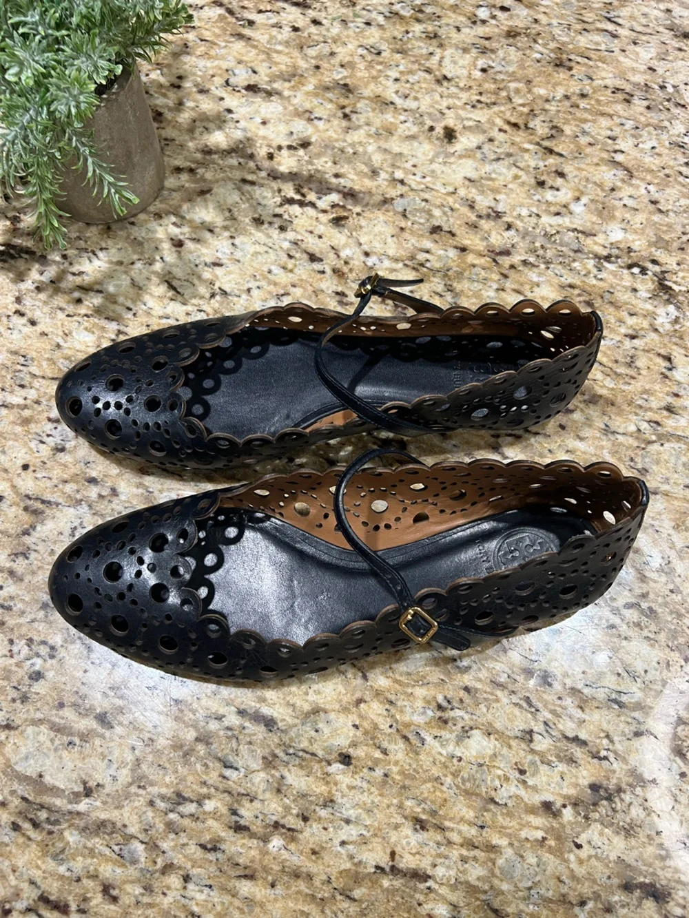 Tory Burch Black Perforated Mary Jane Flats w/ Gold Hardware 10M